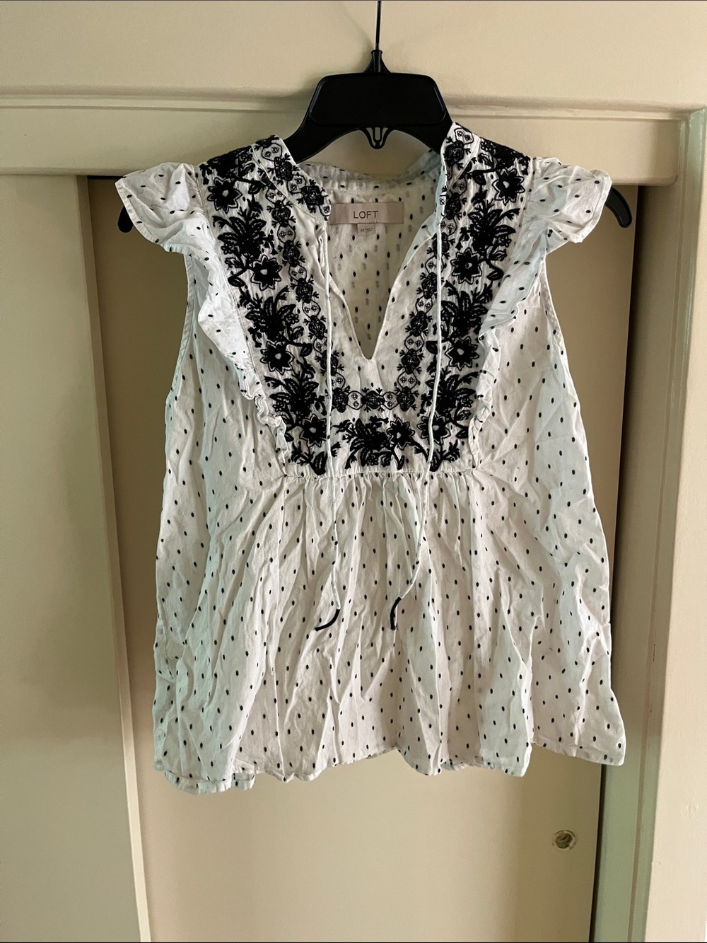 LOFT White Eyelet Blouse with Black Floral Embroidery and Ruffle Sleeves